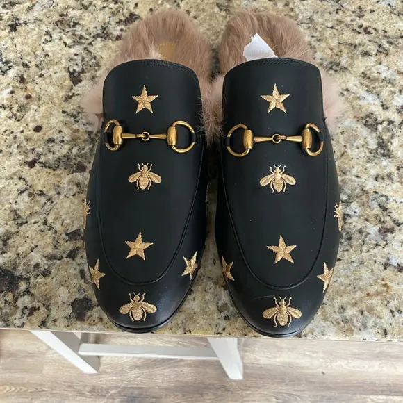 Black Loafers with Gold Embroidery and Fur Lining