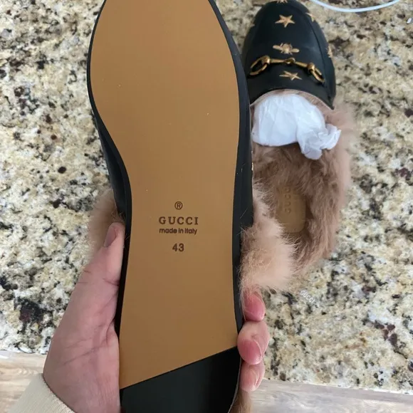 Black Loafers with Gold Embroidery and Fur Lining