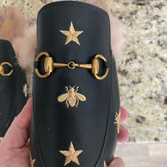 Black Loafers with Gold Embroidery and Fur Lining