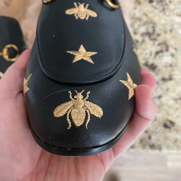 Black Loafers with Gold Embroidery and Fur Lining