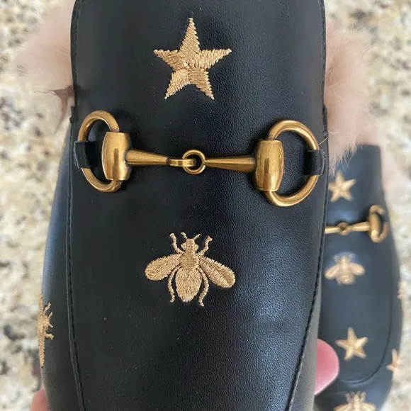 Black Loafers with Gold Embroidery and Fur Lining