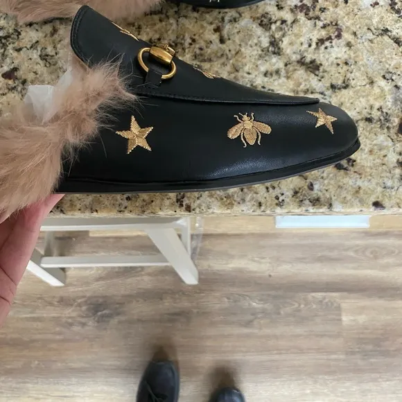 Black Loafers with Gold Embroidery and Fur Lining