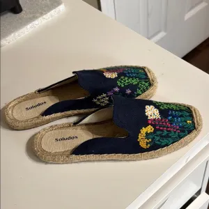 Blue Espadrilles with Floral Embroidery Slip On Slides Size 8