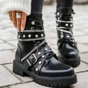 Boots Gothic Thick Sole Boots Metalic Decoration Chain Zipper