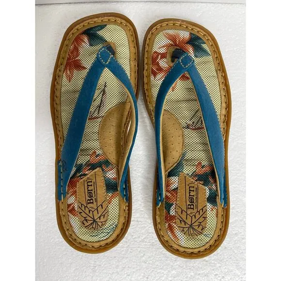 Born women’s palm tree thong flip flop sandals suede blue size 8