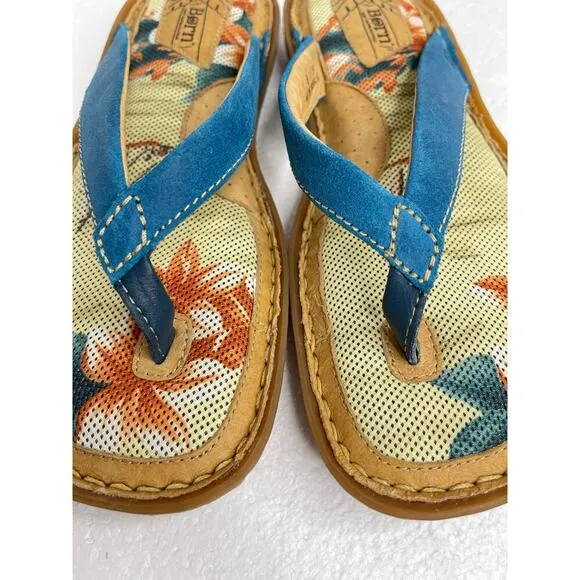 Born women’s palm tree thong flip flop sandals suede blue size 8