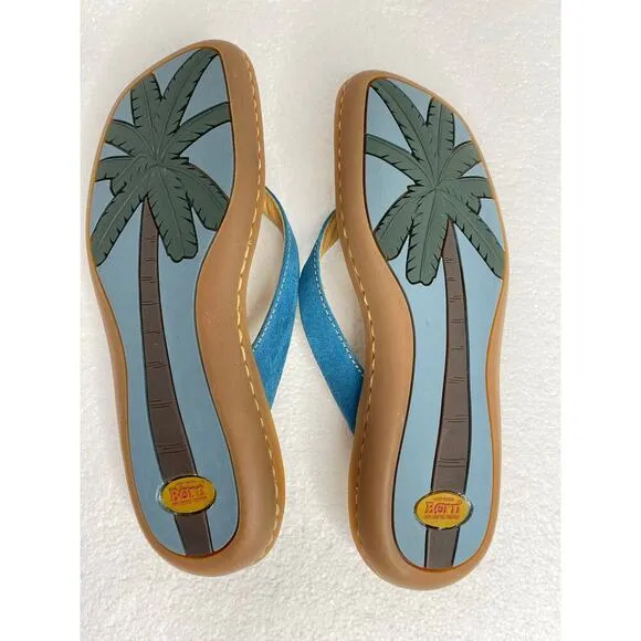 Born women’s palm tree thong flip flop sandals suede blue size 8