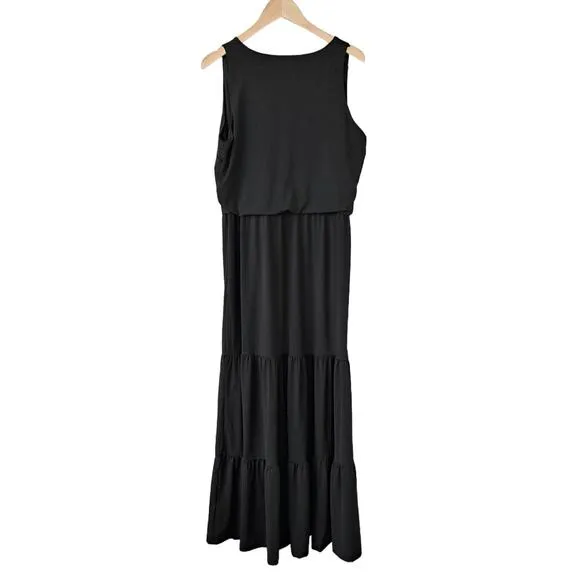 Boston Proper V Neck Blouson Tiered Knit Maxi Dress in Black Small Sleeveless