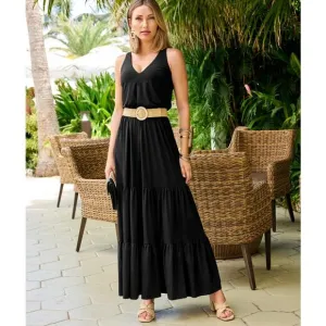 Boston Proper V Neck Blouson Tiered Knit Maxi Dress in Black Small Sleeveless
