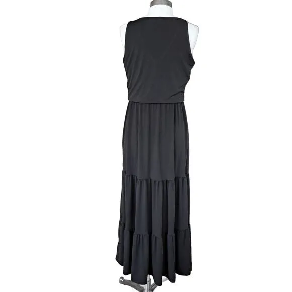 Boston Proper V Neck Blouson Tiered Knit Maxi Dress in Black Small Sleeveless