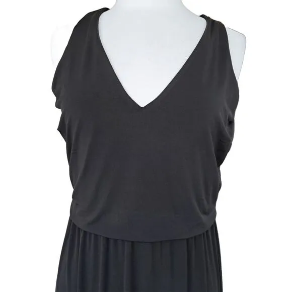 Boston Proper V Neck Blouson Tiered Knit Maxi Dress in Black Small Sleeveless