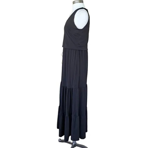 Boston Proper V Neck Blouson Tiered Knit Maxi Dress in Black Small Sleeveless