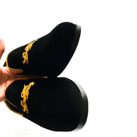 Bown of London Black Velvet Lion Embroidered Smoking Loafers Bespoke 10.5