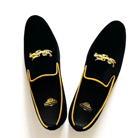 Bown of London Black Velvet Lion Embroidered Smoking Loafers Bespoke 10.5