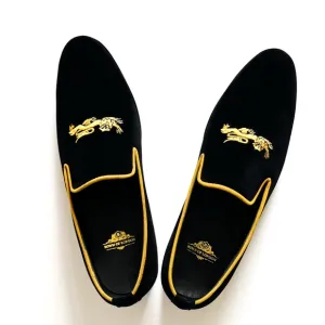 Bown of London Black Velvet Lion Embroidered Smoking Loafers Bespoke 10.5