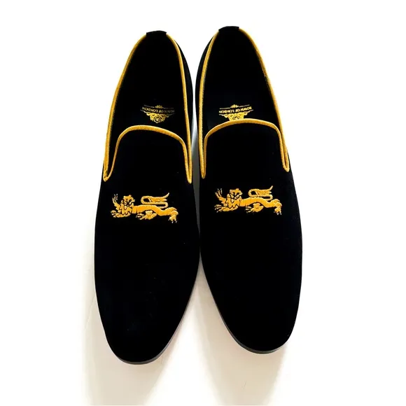 Bown of London Black Velvet Lion Embroidered Smoking Loafers Bespoke 10.5