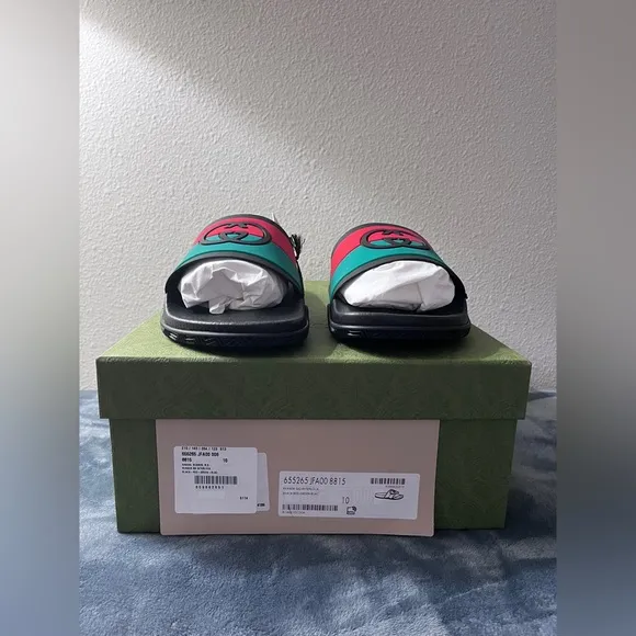 Brand New Gucci Black Rubber Slides Interlocking GG Green Red Size 10 (US 10.5)