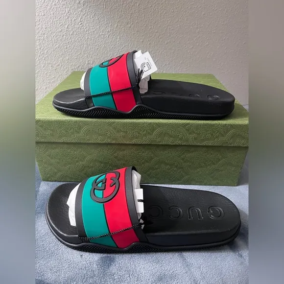 Brand New Gucci Black Rubber Slides Interlocking GG Green Red Size 10 (US 10.5)