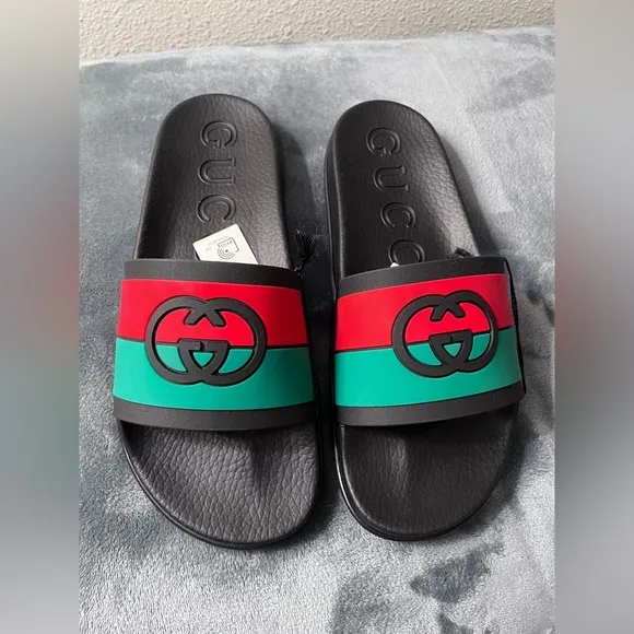 Brand New Gucci Black Rubber Slides Interlocking GG Green Red Size 10 (US 10.5)