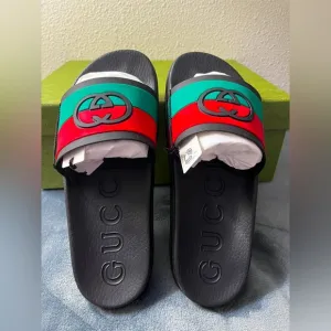 Brand New Gucci Black Rubber Slides Interlocking GG Green Red Size 10 (US 10.5)