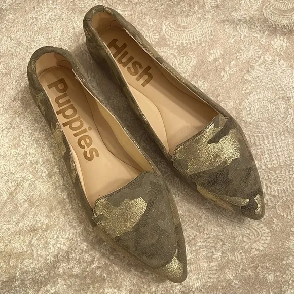 Brand New Hush Puppies Hazel Pointe Loafers Metal Camouflage Suede Slip On Flats