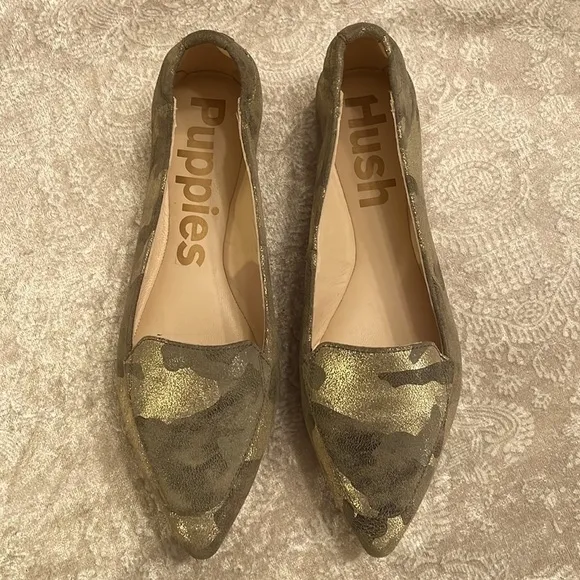 Brand New Hush Puppies Hazel Pointe Loafers Metal Camouflage Suede Slip On Flats