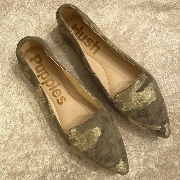 Brand New Hush Puppies Hazel Pointe Loafers Metal Camouflage Suede Slip On Flats