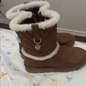 Brown Quilted Kids Boots with Fur Trim