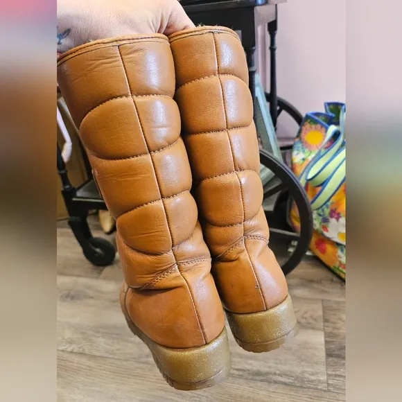 Brown, Quilted, Leather, Boots, Men's, 70s, Vintage, Snow, Retro, Zipper, Winter