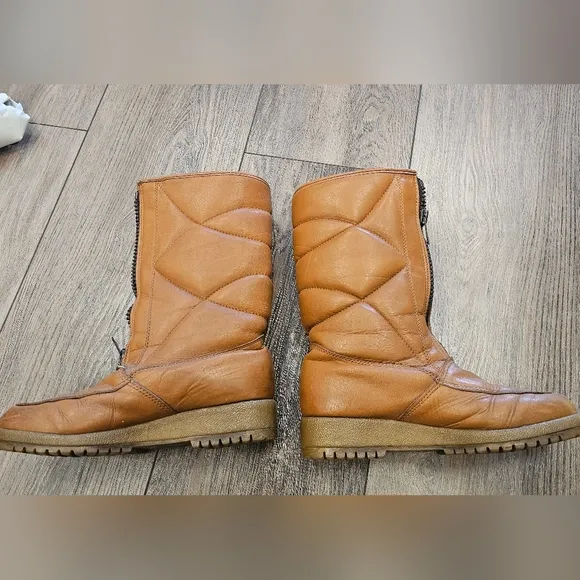 Brown, Quilted, Leather, Boots, Men's, 70s, Vintage, Snow, Retro, Zipper, Winter