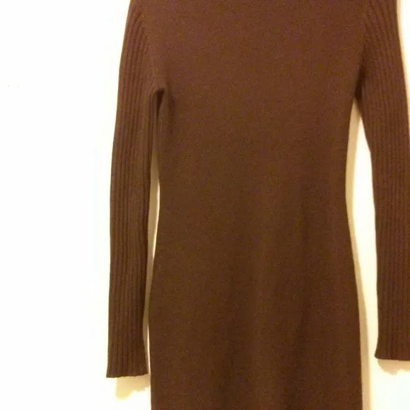 Brown Silk/Cashmere Blend Knit Turtleneck Dress