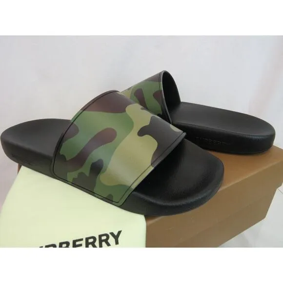 BURBERRY FURLEY GREEN RUBBER CAMOUFLAGE LETTERING LOGO SANDAL SLIDES 44 US 11
