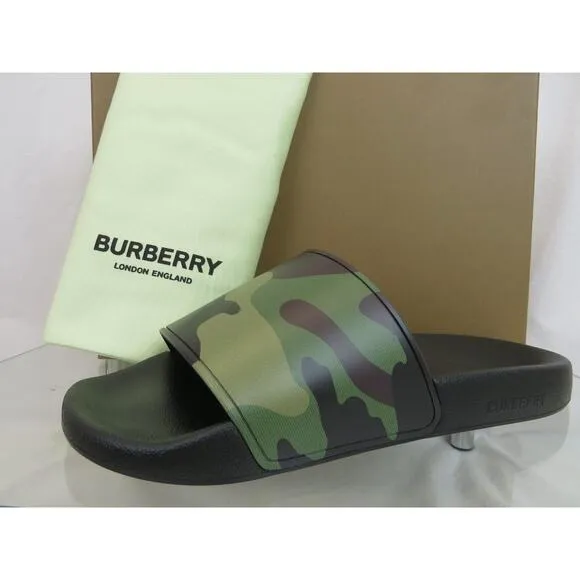 BURBERRY FURLEY GREEN RUBBER CAMOUFLAGE LETTERING LOGO SANDAL SLIDES EUR 41 US 8