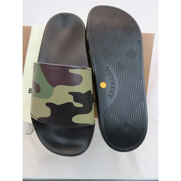 BURBERRY FURLEY GREEN RUBBER CAMOUFLAGE LETTERING LOGO SANDAL SLIDES EUR 41 US 8