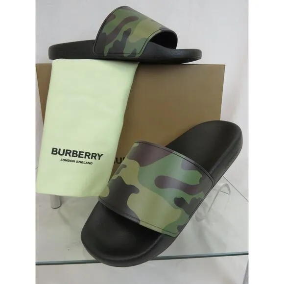 BURBERRY FURLEY GREEN RUBBER CAMOUFLAGE LETTERING LOGO SANDAL SLIDES EUR 41 US 8