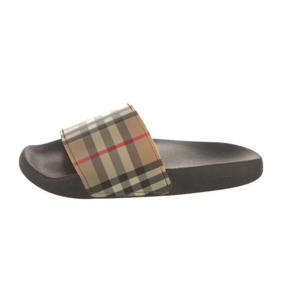 Burberry plaid print rubber slides.
