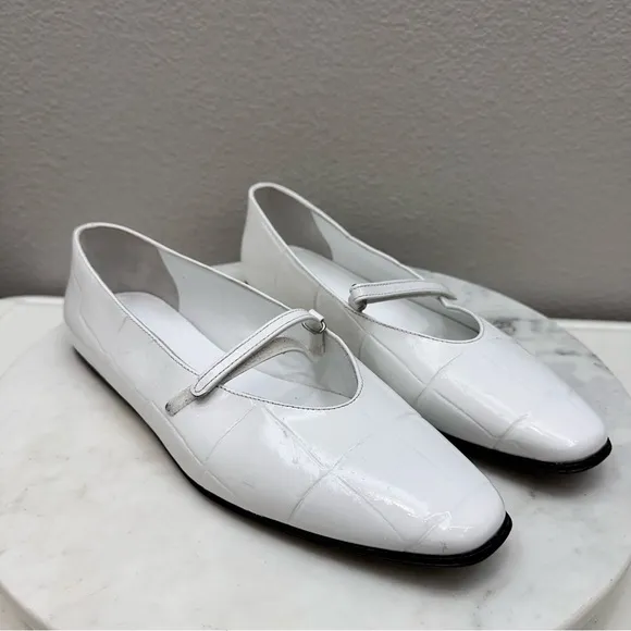 By Far Women's Flats Size 10 White Molly Maxi Croco Embossed Leather Flats