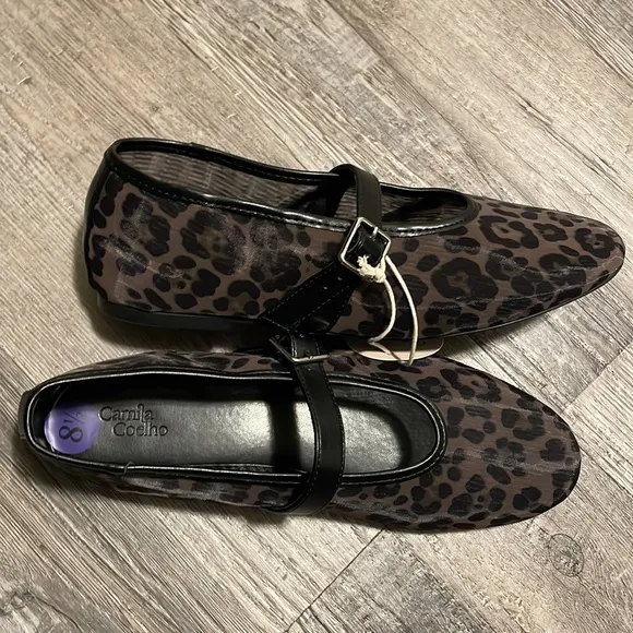 Camila Coelho NWT mesh leopard print Mary Jane flats