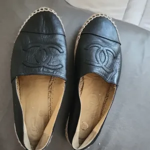 CHANEL Black Espadrille Quilted Flats