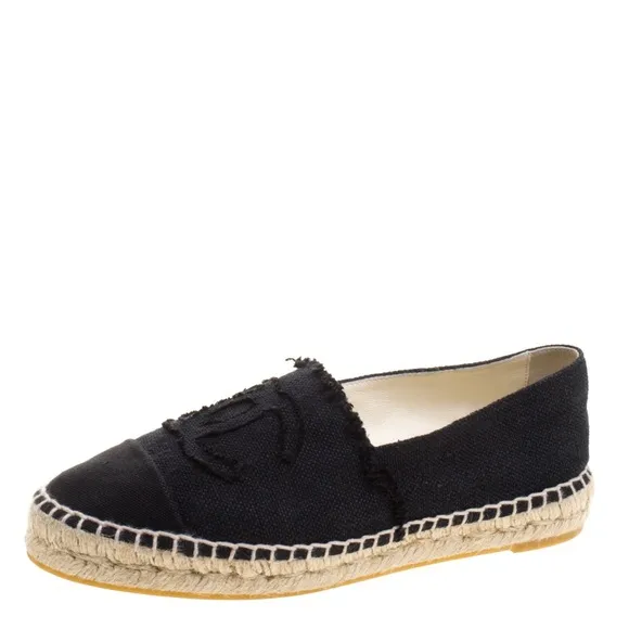 Chanel Classic CC Black Canvas/ Leather Espadrille Flats, Size US8.5 or IT39