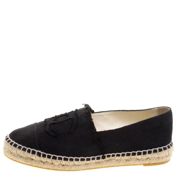 Chanel Classic CC Black Canvas/ Leather Espadrille Flats, Size US8.5 or IT39