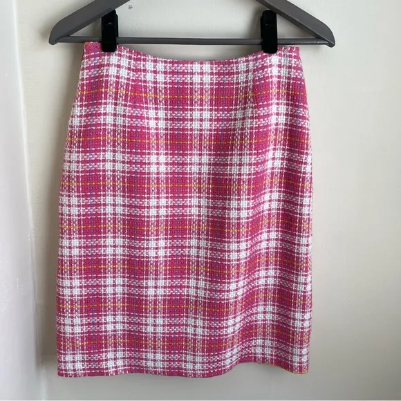 Chiquita Paris Tweed Wool Blend Straight Plaid Skirt Pink Sz 6