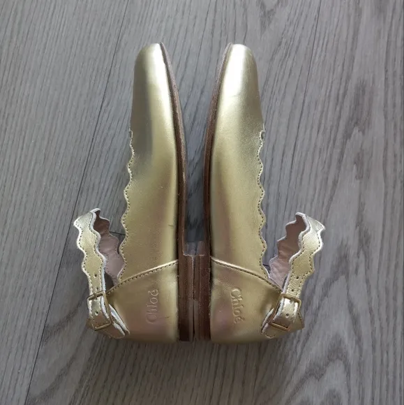 Chloe Girl's Scalloped Leather Ballerina Flats In Gold Metallic 30EU