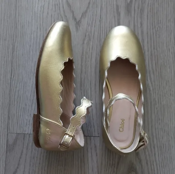 Chloe Girl's Scalloped Leather Ballerina Flats In Gold Metallic 30EU