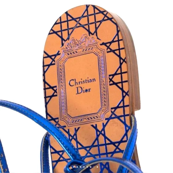 Christian Dior Blue Leather Ankle Strap Flats Size 36.5 EU / 6.5 US