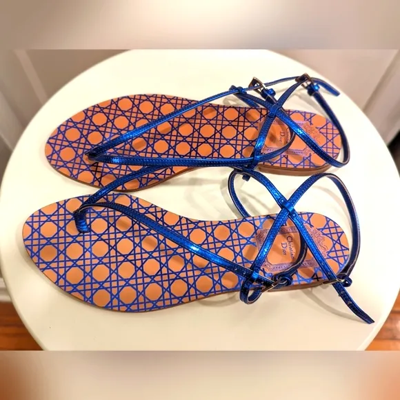 Christian Dior Blue Leather Ankle Strap Flats Size 36.5 EU / 6.5 US