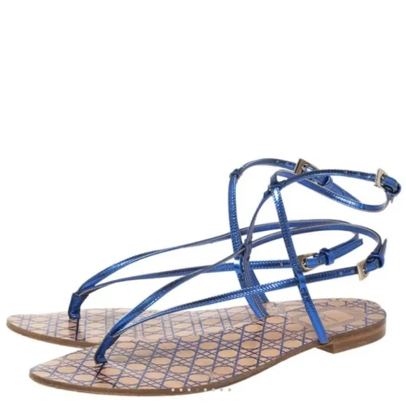 Christian Dior Blue Leather Ankle Strap Flats Size 36.5 EU / 6.5 US