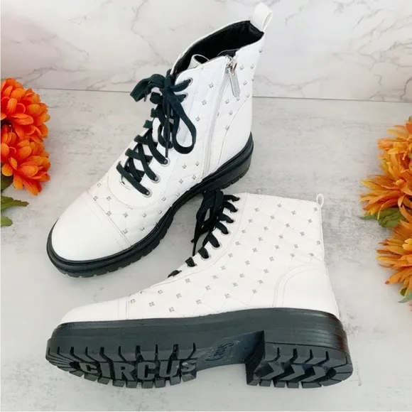 Circus by Sam Edelman Goodwin White Studded Laceup Combat Booties, Size 7.5