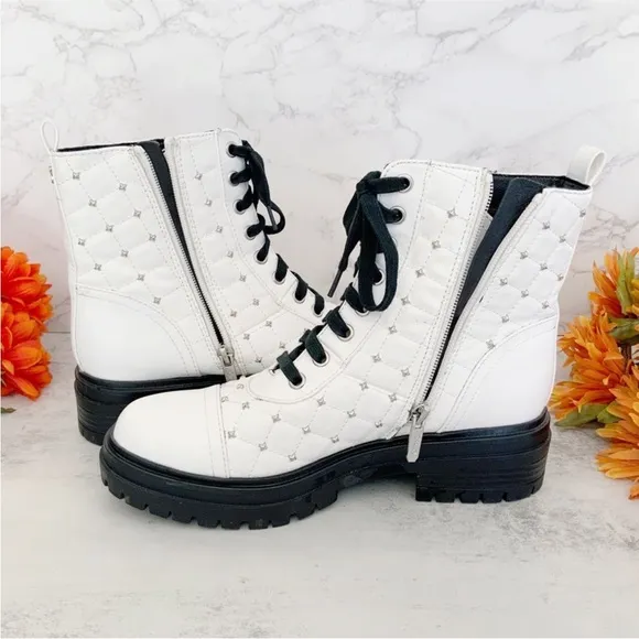 Circus by Sam Edelman Goodwin White Studded Laceup Combat Booties, Size 7.5