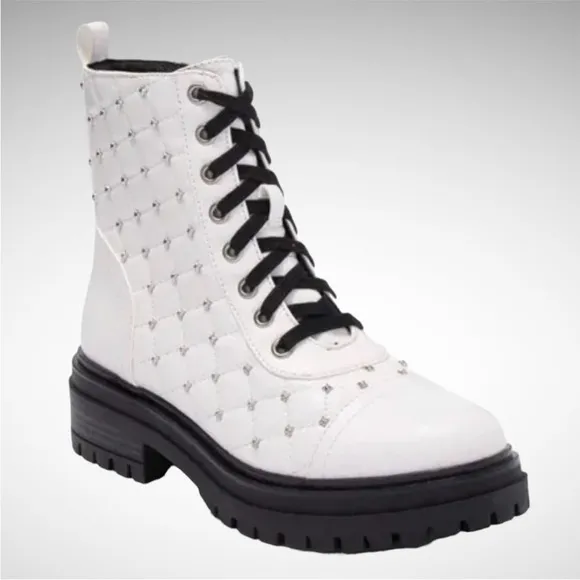 Circus by Sam Edelman Goodwin White Studded Laceup Combat Booties, Size 7.5